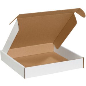 This open cardboard box, similar to the MH-USA Deluxe Literature Mailers (16 x 16 x 2 3/4), features a white exterior, brown interior, and foldable lid. Ideal for packaging and shipping, its displayed empty against a simple background.