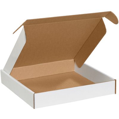 MFL16162.jpg This open cardboard box, similar to the MH-USA Deluxe Literature Mailers (16 x 16 x 2 3/4), features a white exterior, brown interior, and foldable lid. Ideal for packaging and shipping, its displayed empty against a simple background.