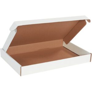 An open, empty cardboard pizza box with a white exterior and brown interior is photographed with the lid propped open, similar to MH-USAs versatile and durable 17 1/8 x 11 1/8 x 2 White Deluxe Literature Mailers.