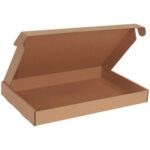 The 17 1/8 x 11 1/8 x 2 Kraft Deluxe Literature Mailer features a flat rectangular base and a partially raised lid with side flaps for secure closure, making it ideal for packaging or shipping. It is plain brown and comes in bundles of 50.