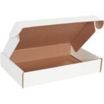 An open, empty MH-USA 17 1/8 x 11 1/8 x 3 White Deluxe Literature Mailer features a brown interior and folded top flaps on a plain backdrop, showcasing its ample storage space for organizing materials, sold in bundles of 50.
