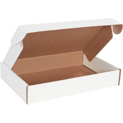 MFL17113.jpg An open, empty MH-USA 17 1/8 x 11 1/8 x 3 White Deluxe Literature Mailer features a brown interior and folded top flaps on a plain backdrop, showcasing its ample storage space for organizing materials, sold in bundles of 50.