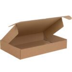 The 17 1/8 x 11 1/8 x 3 Kraft Deluxe Literature Mailer, available in bundles of 50, features a hinged lid and flaps extending outward. Its simple brown design is ideal for recyclable shipping or storage needs.
