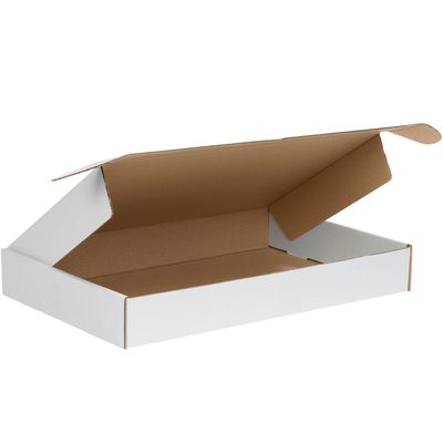 MFL18122.jpg A white cardboard box with brown interior, folded lid, and side flaps resembles the MH-USA 18 x 12 x 2 White Deluxe Literature Mailers (50/Bundle).
