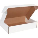 Displayed against a plain backdrop, the MH-USA 18 x 12 x 4 White Deluxe Literature Mailers (25/Bundle) reveal their roomy interior and straightforward design, with an open white cardboard box featuring a brown inside and foldable lid.