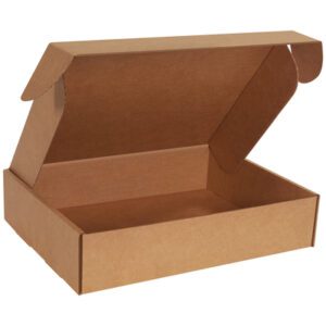 An 18 x 14 x 4 Kraft Deluxe Literature Mailer (25/Bundle) with an open lid reveals an empty interior. Featuring straight edges and a sturdy design, its ideal for packaging or shipping, with the hinged lid sitting slightly elevated above the base.