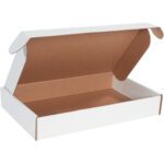 The MH-USA 19 x 12 x 3 White Deluxe Literature Mailers (25/Bundle) stand open on a white background, showing their plain brown interior through the partially open lid. Ideal for packaging and shipping, they combine elegance with practicality.