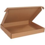 A 20 x 16 x 2 1/2 Kraft Deluxe Literature Mailer (25/Bundle) in brown cardboard is displayed open, showing its sturdy rectangular structure and side flaps. The boxs empty interior and angle highlight the characteristic depth of this mailer bundle.