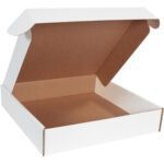 The MH-USA 20 x 20 x 4 White Deluxe Literature Mailers, seen at an angle, showcase a brown interior and partially open lid, highlighting the empty space inside while retaining a classic bundle appearance.