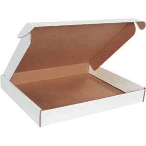 An open MH-USA 22 x 18 x 2 3/4 White Deluxe Literature Mailer, with a brown interior, sits empty against a white background. Its lid is partially folded back, emphasizing its simple and clean design.
