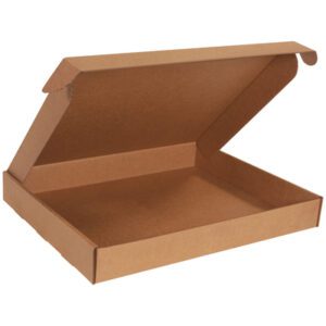 An open 22 x 18 x 2 3/4 Kraft Deluxe Literature Mailer, viewed from a slightly elevated angle, shows its simple interior design. Ideal for packaging or shipping, it comes empty and partially open in bundles of 25.