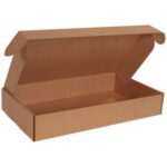 The 24 x 14 x 4 Kraft Deluxe Literature Mailer is a brown cardboard box with an open lid and side flaps, ideal for secure document storage. Bundles of 25 boxes ensure ample supply for packaging needs.