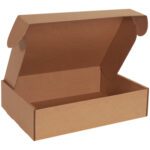 A 24 x 18 x 6 Kraft Deluxe Literature Mailer (25/Bundle) with a hinged lid is shown open against a pristine white background.