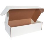 The MH-USA 30 x 17 x 8 White Deluxe Literature Mailers (25/Bundle) offer a sleek white exterior with an open lid, revealing a natural brown cardboard interior. The partially folded lid opens to a spacious interior ideal for packaging.