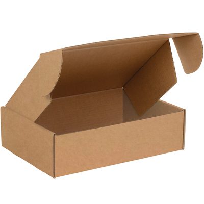 MFL30178K.jpg A 30 x 17 x 8 Kraft Deluxe Literature Mailer from a bundle of 25 is displayed against a plain white background. The open, empty box is angled to highlight its spacious interior, ideal for organizing materials.