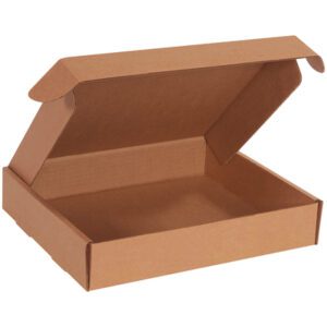 A slightly angled view shows an open, empty 11 3/4 x 10 3/4 x 2 1/4 Kraft Deluxe Literature Mailer with raised flaps. Its plain design indicates its ready for packaging or storage, available in bundles of 50.