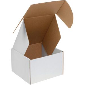 An MH-USA 4 x 4 x 4 White Deluxe Literature Mailer (50/Bundle) is shown open, highlighting its white exterior and brown interior. The boxs flaps are outward, ready to accommodate your needs, against a plain background.