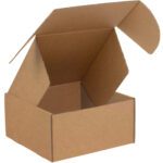 A 4 x 4 x 4 Kraft Deluxe Literature Mailer from a 50/bundle set is displayed open, with its brown flaps elegantly raised against a plain white background.