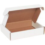 An MH-USA 9 x 6 1/4 x 2 White Deluxe Literature Mailer with a brown interior and propped-open lid is shown at an angle, revealing its empty space. Ideal for shipping or storage, it features clean edges and comes in bundles of 50.