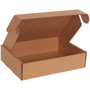The 9 x 6 1/4 x 2 Kraft Deluxe Literature Mailer (50/Bundle) is an open rectangular brown cardboard box with slightly raised flaps, shown on a plain white background, showcasing its sturdy build ideal for bundling and shipping needs.