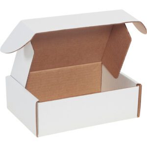 An open MH-USA 9 x 6 1/4 x 3 White Deluxe Literature Mailer, featuring a white exterior and brown interior, displays its spacious empty inside with outward-folded flaps.