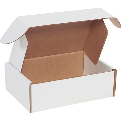 MFL963.jpg An open MH-USA 9 x 6 1/4 x 3 White Deluxe Literature Mailer, featuring a white exterior and brown interior, displays its spacious empty inside with outward-folded flaps.