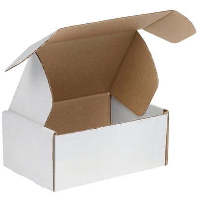 MFL964.jpg An open cardboard box with a white exterior and brown interior is displayed on a white background. The flaps are open, revealing its depth and construction. Its perfectly sized for MH-USA 9 x 6 1/4 x 4 White Deluxe Literature Mailers (50/Bundle) for mailing needs.