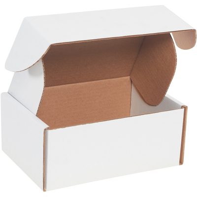 MFL964R.jpg The MH-USA 9 x 6 1/2 x 4 White Deluxe Literature Mailer, featuring a white cardboard exterior and brown interior, stands open with raised flaps on a seamless white background, exuding elegance—perfect for sending important documents.