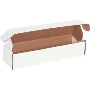 An open MH-USA 14 x 3 3/4 x 2 3/4 White Deluxe Literature Mailer rests elegantly on a white background, its brown interior flaps extended as if inviting a reveal of its contents from the 50/bundle offering.