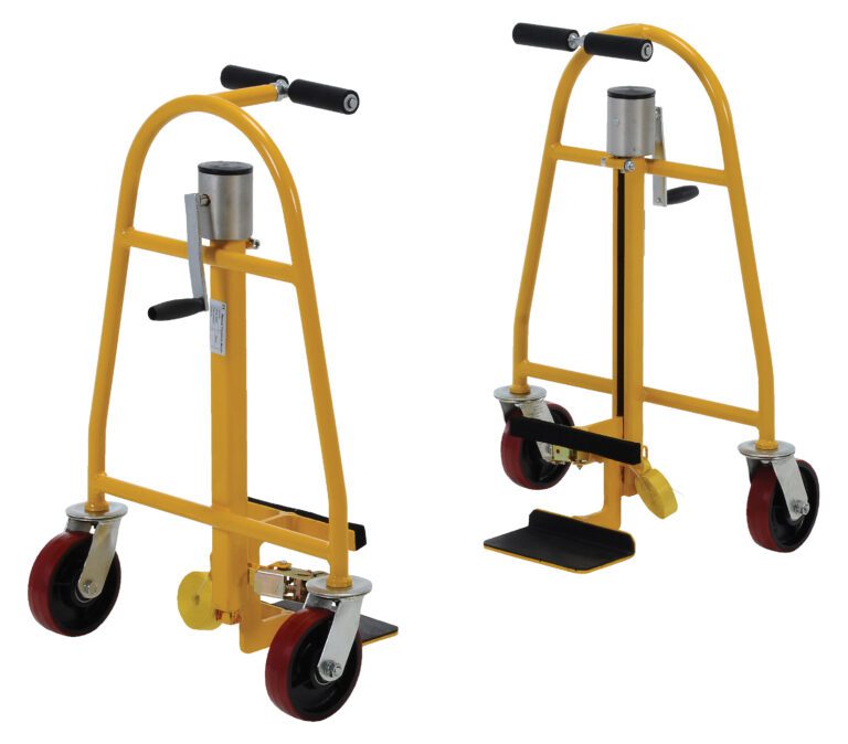 MFM-1300_A.jpg Two yellow Vestil Vend. Machine & Crate Movers Mech. 1.3K with black handles and red casters are shown in different angles. Each has a metal frame and foot pedal for lifting heavy loads, embodying precision.