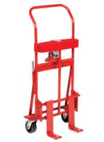 The Vestil Vend. Machine-Furn. Movers 2000 Lb Cap is a red manual hydraulic lift with two wheels and a handle, ideal for transporting heavy items. Its jack mechanism and sturdy metal frame ensure stability and ease of use.