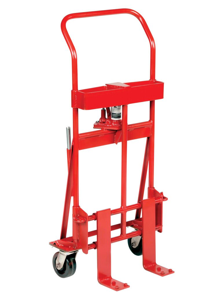 MFM-2-RAL_A.jpg The Vestil Vend. Machine-Furn. Movers 2000 Lb Cap is a red manual hydraulic lift with two wheels and a handle, ideal for transporting heavy items. Its jack mechanism and sturdy metal frame ensure stability and ease of use.