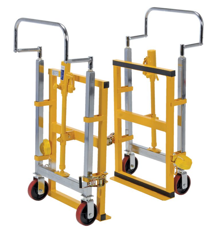 The Vestil Vend. Machine & Crate Movers Hyd. 4K are robust hand trucks with a yellow finish, red wheels, and silver handles. Featuring a hydraulic lift mechanism and rubber grips, these durable metal movers are ideal for machine and crate moving in industrial settings.