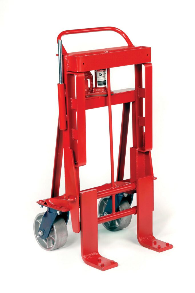 The Vestil Vend. Machine-Furn. Movers 8000 Lb Cap is a red hydraulic hand truck with a sturdy metal frame, vertical handle, two large wheels, and extended prongs for stability, capable of lifting and transporting up to 8000 lbs in heavy objects.