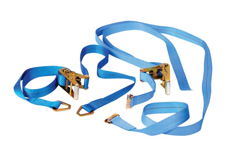 Two blue ratchet straps, akin to the Vestil Machinery Lift-Optional 20 Ft Belt, feature metal ratcheting mechanisms and hooks. They are coiled loosely to show their length and design, making them ideal for securing cargo or equipment.