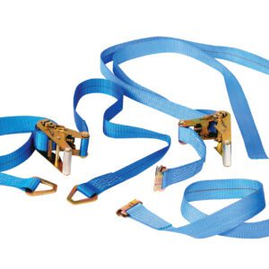Two blue ratchet straps, akin to the Vestil Machinery Lift-Optional 20 Ft Belt, feature metal ratcheting mechanisms and hooks. They are coiled loosely to show their length and design, making them ideal for securing cargo or equipment.