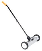 The Vestil Magnetic Sweeper Handle Release 18 In is efficient, featuring a long black handle with an orange grip and two wheels. Its 18-inch rectangular base effectively collects metal debris, and the handle release enhances user-friendly cleaning.