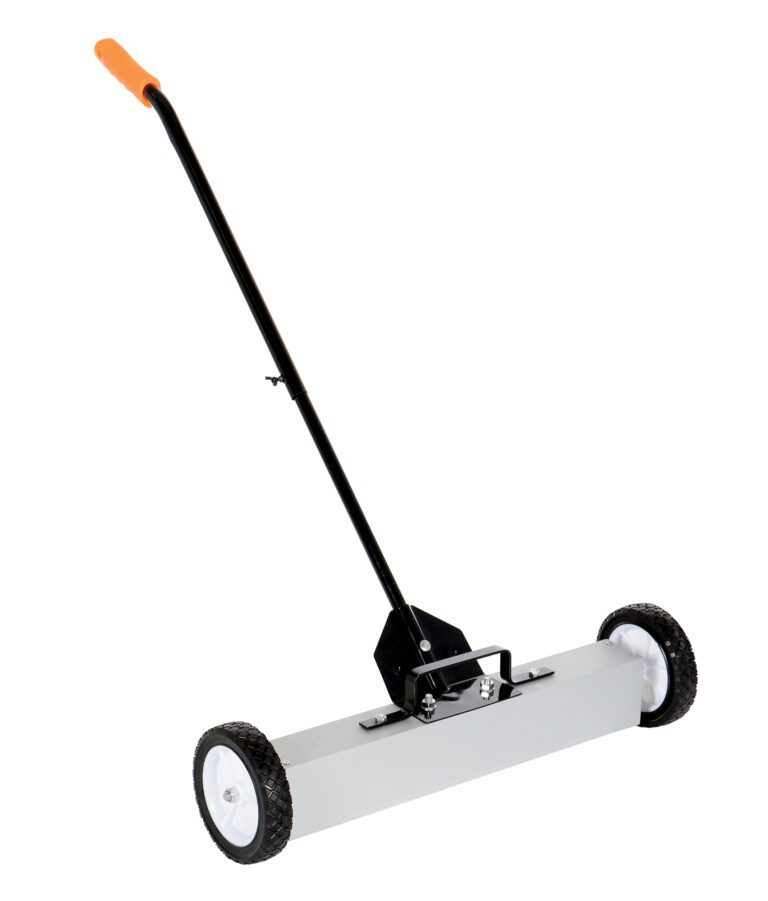 MFSR-24_A.jpg A manual push lawn sweeper with a sleek black and orange handle, two white wheels, and a wide rectangular base for debris collection is as efficient for effortless cleanup as the Vestil Magnetic Sweeper Handle Release 24 In.