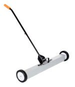 The Vestil Magnetic Sweeper Handle Release 36 In features a long black handle with an orange grip, two wheels, and a rectangular metal base designed to efficiently pick up metallic debris.
