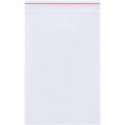 MG3565.jpg The 4 x 6 - 2 Mil Minigrip® Reclosable Poly Bags (1000/Case) are designed with clear plastic and a red sealing strip at the top, displayed on a plain white background.