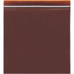 This empty, laid-flat 5 x 8 brown plastic Minigrip® Reclosable Lab Guard® bag features a transparent strip and UV protection. Its ideal for secure storage and comes in a case of 1000 bags, each with a thickness of 3 Mils.