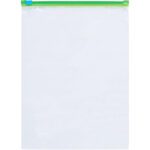 An empty MH-USA 9 x 12 - 2.7 Mil Minigrip Slider Grip Reclosable Poly Bag, featuring a green zipper seal, lies flat on a white background, highlighting its transparency and versatile storage capabilities; comes in cases of 250.