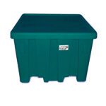 The Vestil Bulk Container in green plastic is square, 33 inches tall, and features a secure lid and side handles, with a small logo on the front. It is displayed against a plain white background.