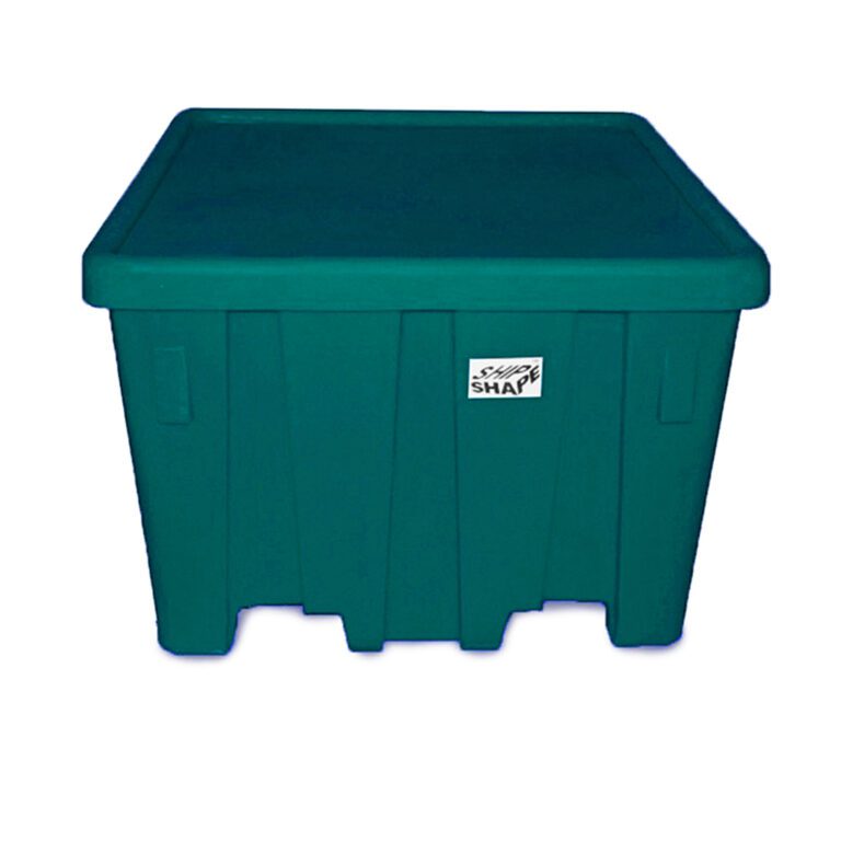 MHBC-3244-JG_A.jpg The Vestil Bulk Container in green plastic is square, 33 inches tall, and features a secure lid and side handles, with a small logo on the front. It is displayed against a plain white background.