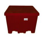 The Vestil Bulk Container in red is 33 inches tall, made of plastic, has a SHAP label on the side, features a simple rectangular design, and is set against a plain white background.