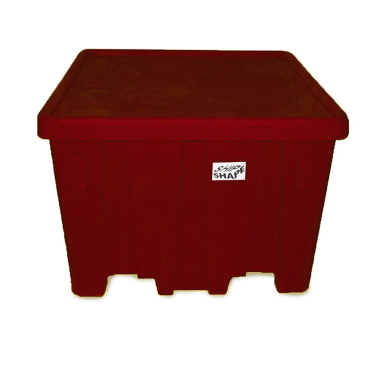 MHBC-3244-R_A.jpg The Vestil Bulk Container in red is 33 inches tall, made of plastic, has a SHAP label on the side, features a simple rectangular design, and is set against a plain white background.