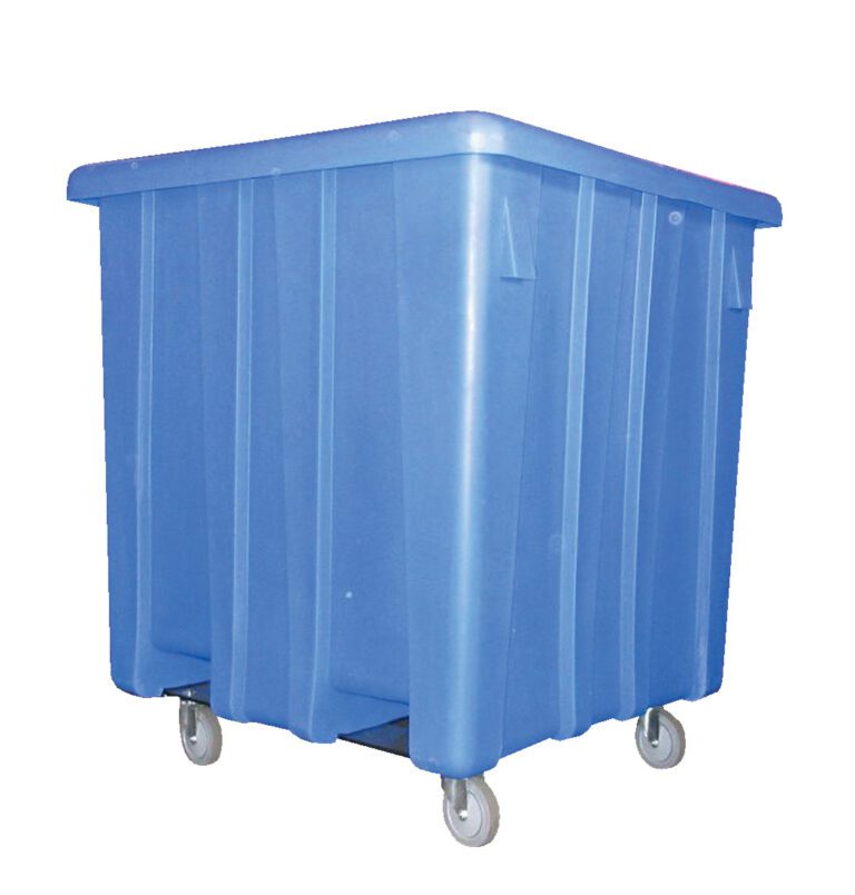 MHBC-4444-5C-CB_A.jpg The Vestil Bulk Container W/Casters Blue 51.5 In is a spacious blue plastic bin with vertical ridges and a secure lid, supported by four gray wheels, all set against a white background.