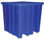The Vestil Bulk Container Blue, standing at 45.5 inches tall, features vertical grooves and a flat lid. Its rectangular shape and durable design make it ideal for efficient storage and organization.