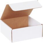 A new, open MH-USA 7 1/2 x 7 x 3 1/4 White Literature Mailer from a bundle of 50, featuring a brown interior and partially open lid against a white background, is empty.