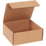 A plain brown open cardboard box with a partially closed lid sits on a white background. This 7 1/2 x 7 x 3 1/4 square Kraft Literature Mailer is sold in bundles of 50 and features a simple, practical design.
